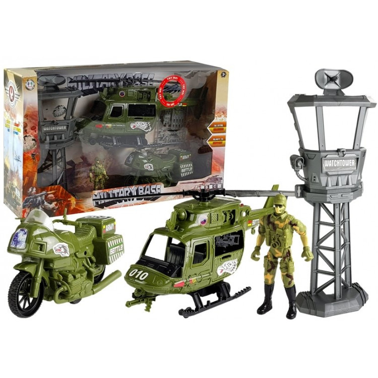 Vojenská súprava - helikoptéra, motorka, veža